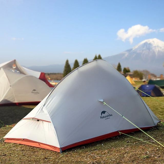 Naturehike Cloud Up 2 Person Lightweight Backpacking Tent  &minus; Light Grey/Red + Mat &minus; Easy&minus;to&minus;pitch design