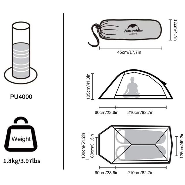 Naturehike Cloud Up 2 Person Lightweight Backpacking Tent  &minus; Light Grey/Red + Mat &minus; Floorplan