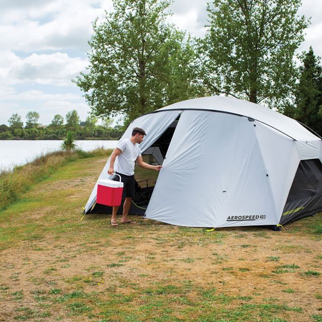 Zempire Aerospeed 10 Air Tent &minus; Front and rear doors, both with a protected awning area provides multiple storage and entry options