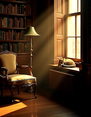 Detailed library photograph, Canon 5D, f/2.8, ISO 800, golden hour | tall bookshelves, vintage armchair, brass lamp casting warm glow | tabby cat sleeping on windowsill | cinematic, Portra 400, soft bokeh, dust particles in sunbeams, 8k'