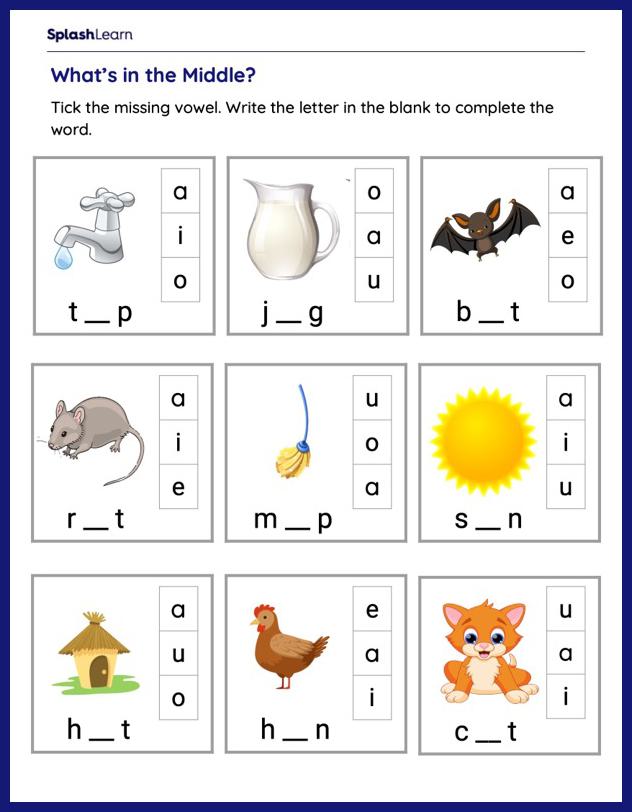 Tick the correct vowel - ELA Worksheets - SplashLearn