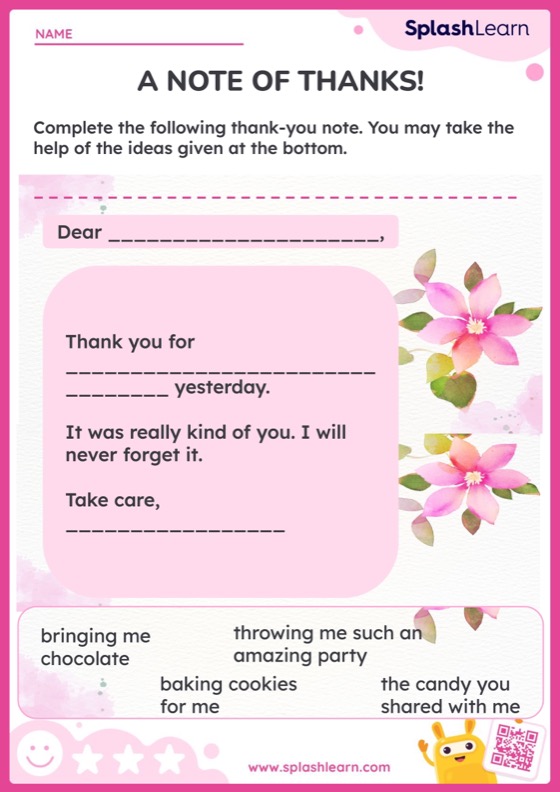 A Note Of Thanks - Worksheet