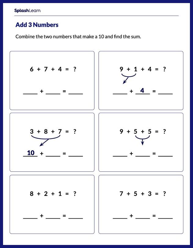 Add 3 Numbers by Making 10 - Math Worksheets - SplashLearn