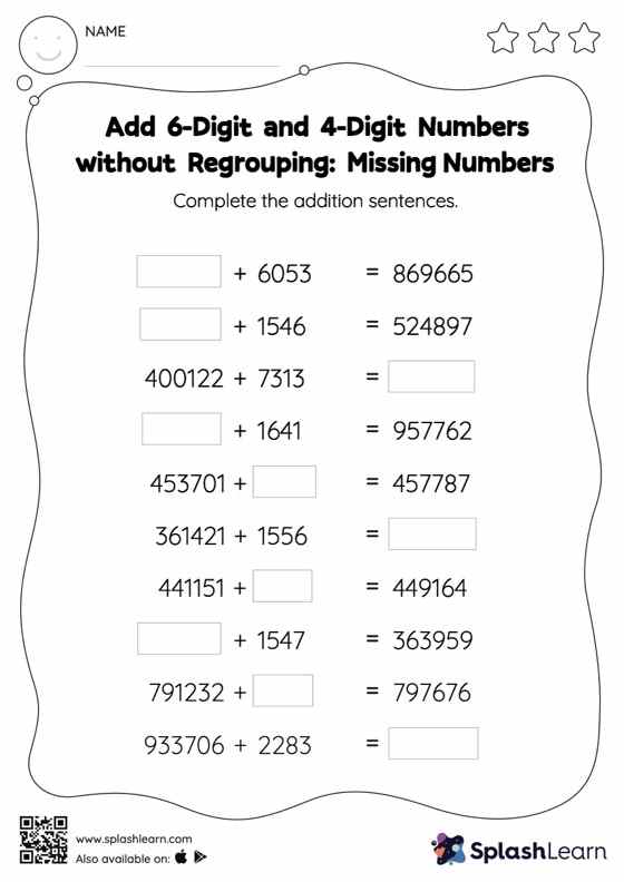 Add 6-Digit and 4-Digit Numbers without Regrouping: Missing Numbers ...