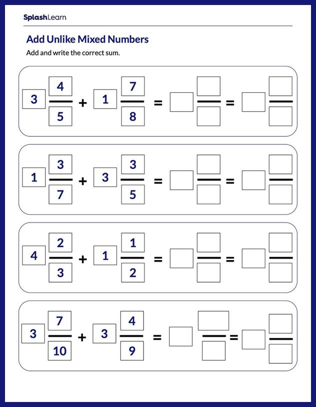 Addition of Unlike Mixed Numbers Worksheet