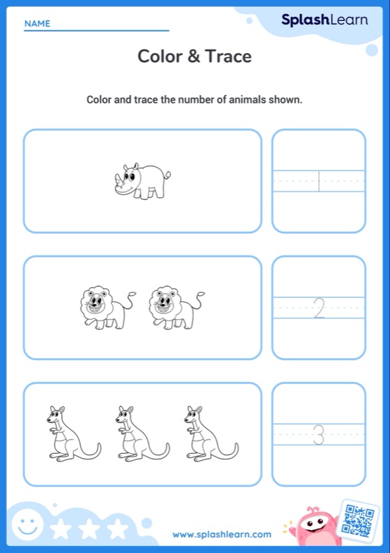 Color Animals and Trace Numbers (Within 3) - Worksheet