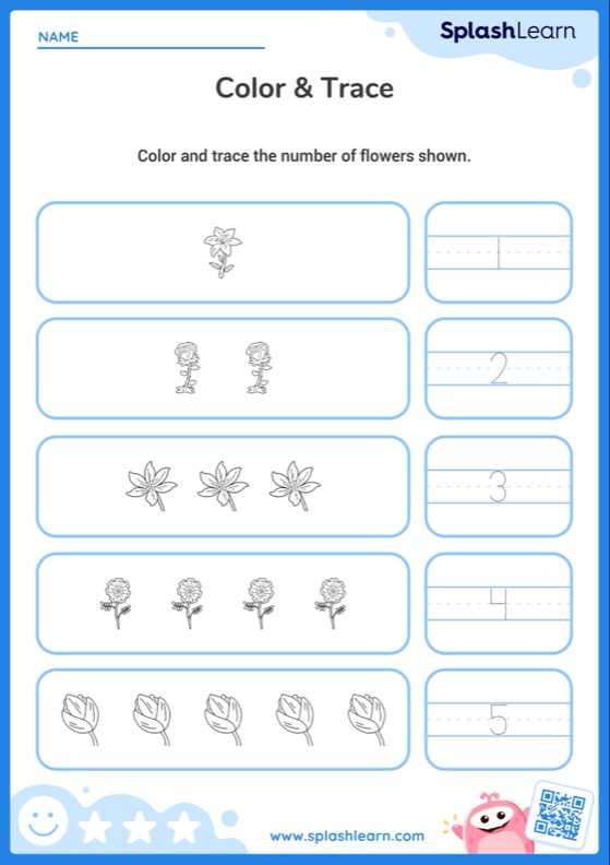 Color Flowers and Trace Numbers (Within 5) - Worksheet