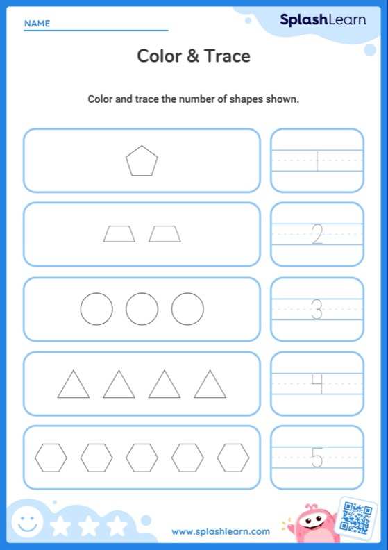 Color Shapes and Trace Numbers (Within 5) - Worksheet