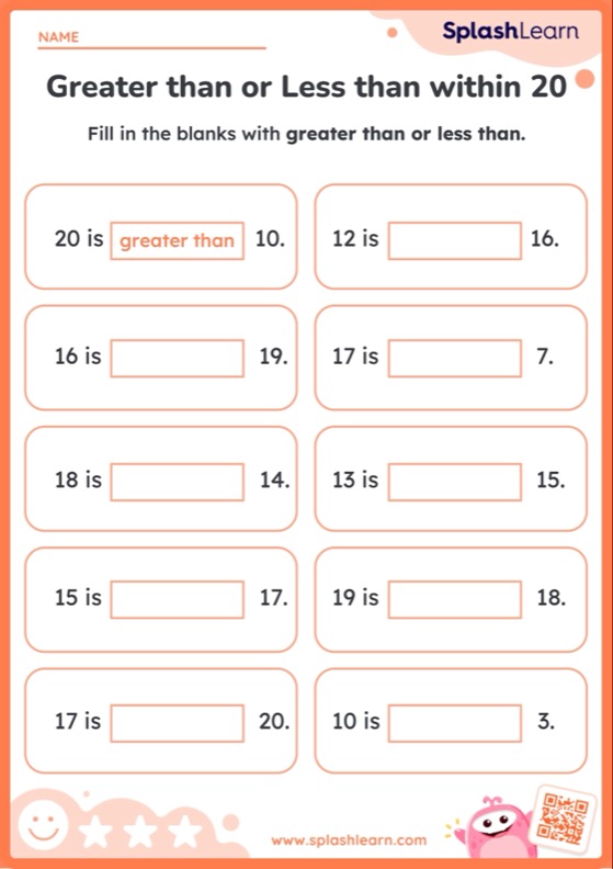 Compare Numbers within 20 and Complete the Sentences - Worksheet