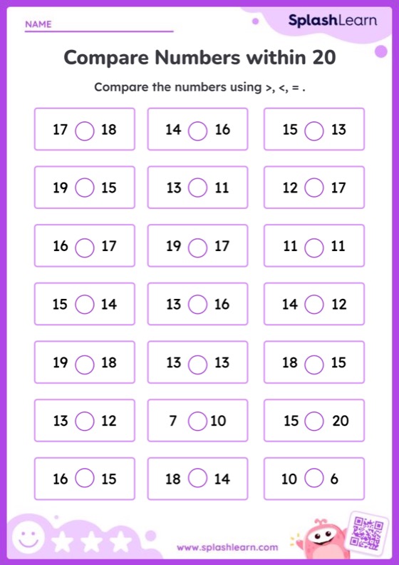 Compare Numbers within 20 Using Signs - Worksheet