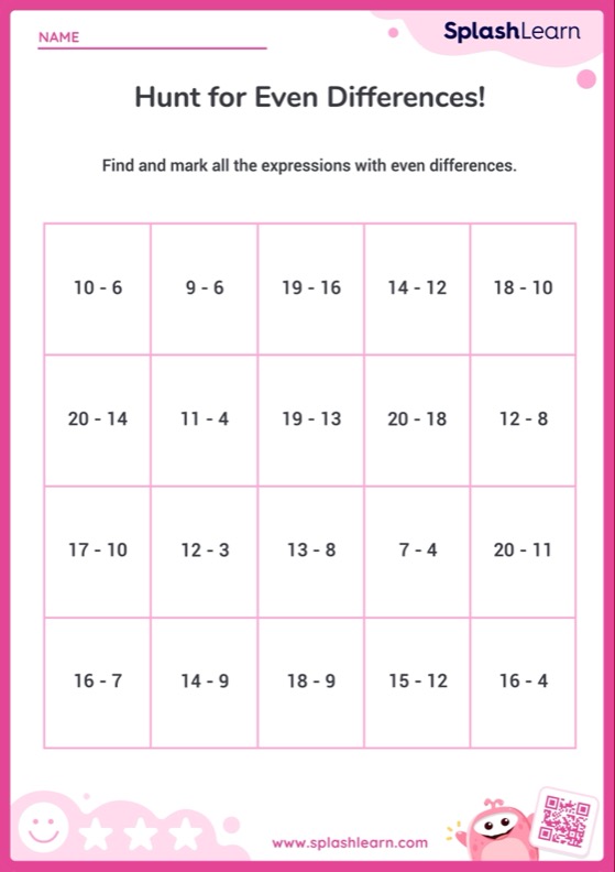 Even Difference in Subtraction Expressions Within 20 - Worksheet