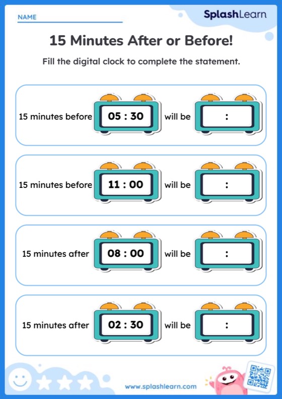 Find Time After or Before 15 Minutes - Worksheet