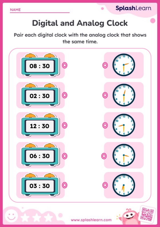 Match Time in Half Hours on Digital and Analog Clock - Worksheet