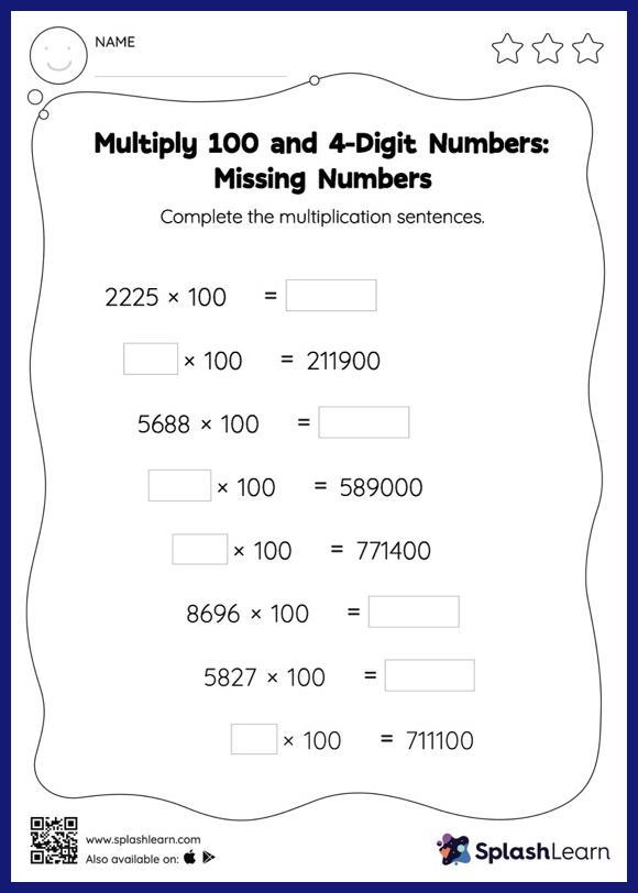 Multiply 100 and 4-Digit Numbers: Missing Numbers - Math Worksheets ...