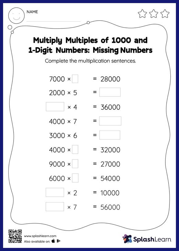 Multiply Multiples of 1000 and 1-Digit Numbers: Missing Numbers - Math ...