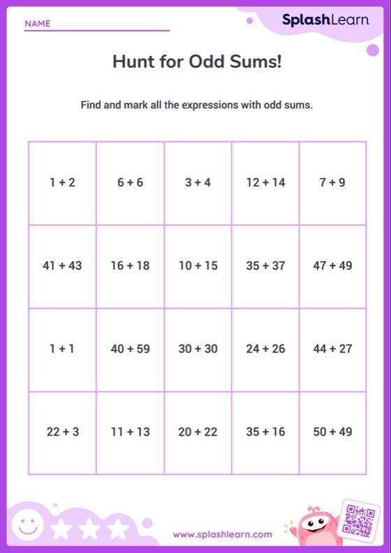 Odd Sum in Addition Expressions Within 100 - Worksheet