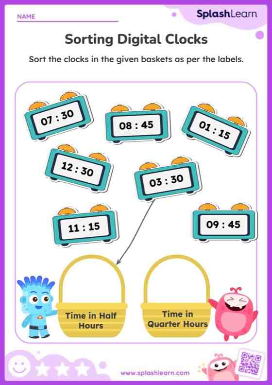 Sort Digital Clocks Based on Time in Half and Quarter Hours - Worksheet