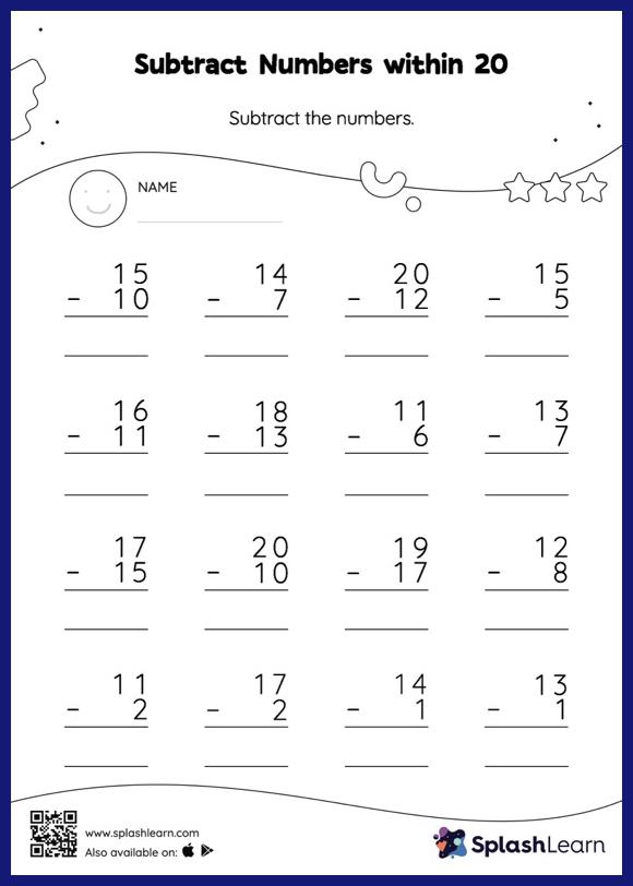 Fluently Subtract within 20 Worksheets for 1st Graders Online - SplashLearn