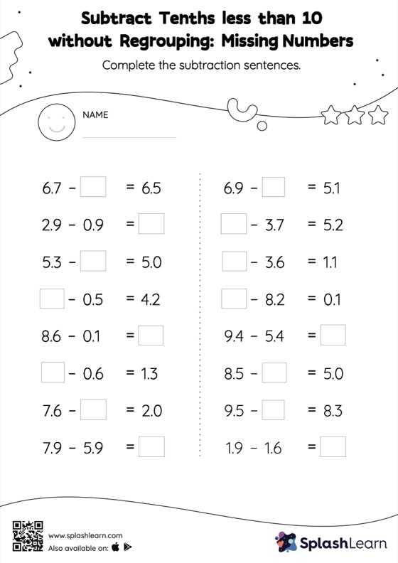 Subtract Tenths less than 10 without Regrouping: Missing Numbers - Math ...