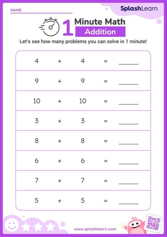 Use Double Facts to Add: Horizontal Timed Practice - Worksheet