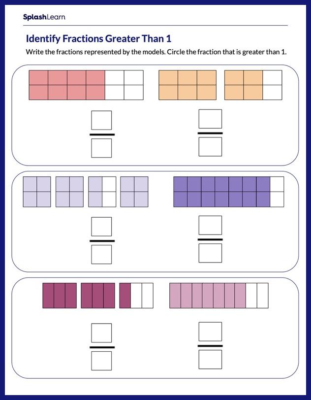 Use Models to Identify Fractions Greater than 1 Worksheet