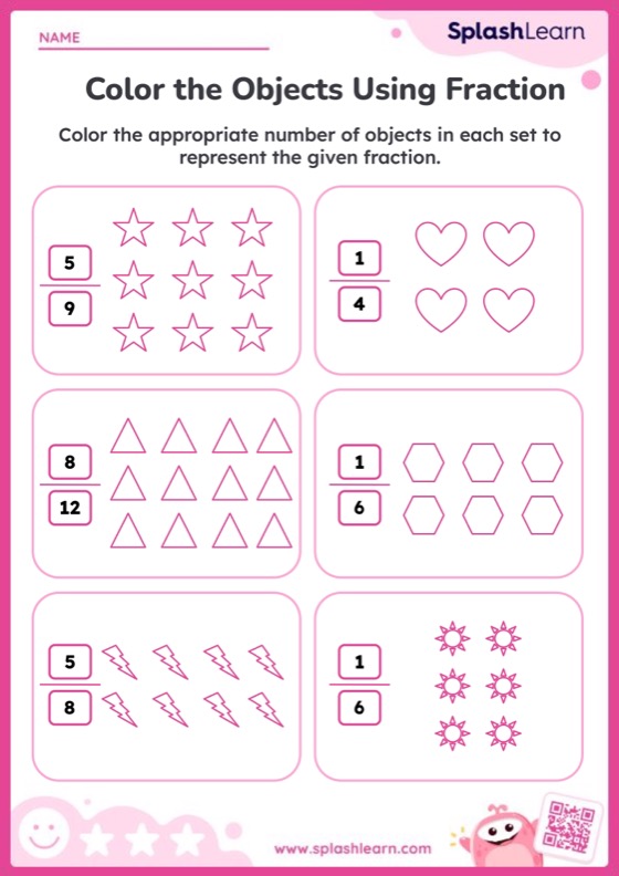 Color the Objects Using Fraction - Worksheet