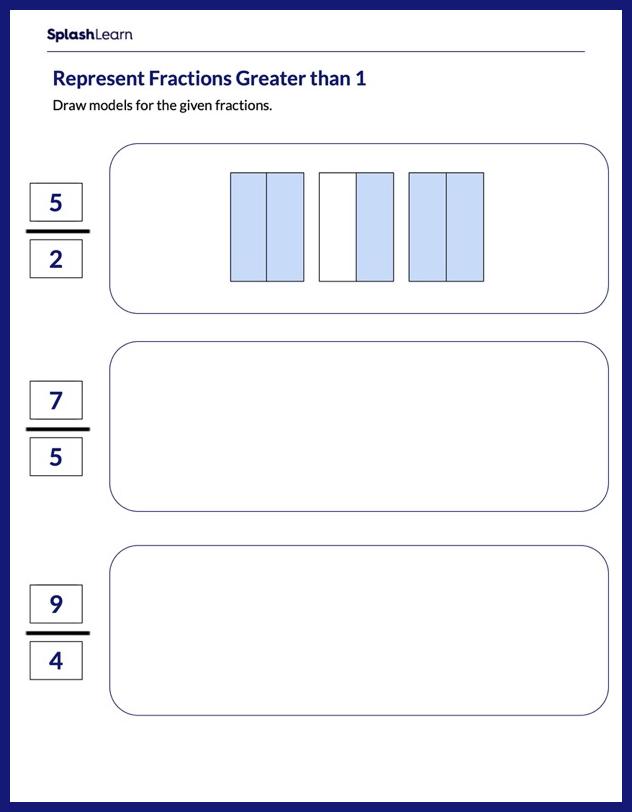 Represent Fractions Greater than 1 using Models Worksheet