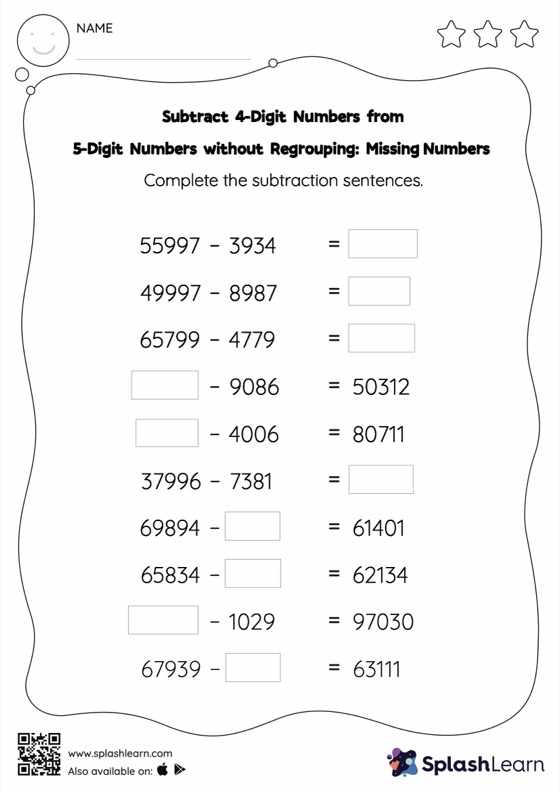 Subtract 4-Digit Numbers from 5-Digit Numbers without Regrouping ...