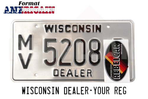 PLAQUE US EMBOUTIE WISCONSIN DEALER EN ALUMINUM AVEC LAMINATION TRANSPARENTE, BORDURE CONTRE-EMBOUTIE, FORMAT 300x150 MM / 12x6"