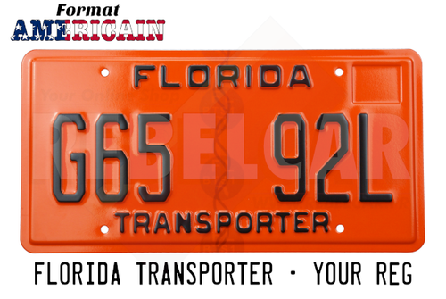 PLAQUE US EMBOUTIE FLORIDA TRANSPORTER ORANGE RÉFLECTORISÉE, TEXTES FLORIDA ET TRANSPORTER, BORDURE CONTRE-EMBOUTIE, FORMAT 300x150 MM / 12x6"