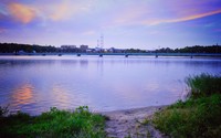 Sunset reflecting in the river crossed by a rocky bridge wallpaper 2560x1600 jpg