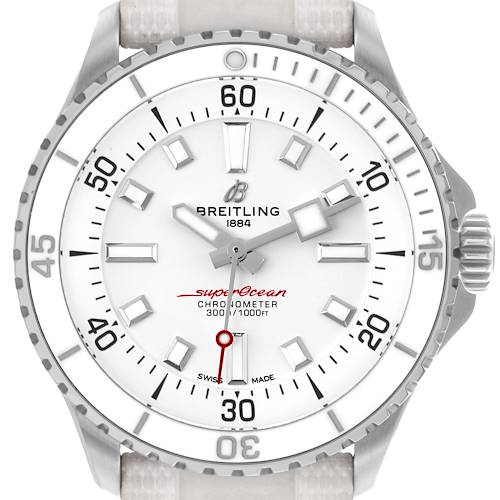 The Breitling Superocean watch is shown from a front angle, displaying its bezel, dial, and hands clearly.