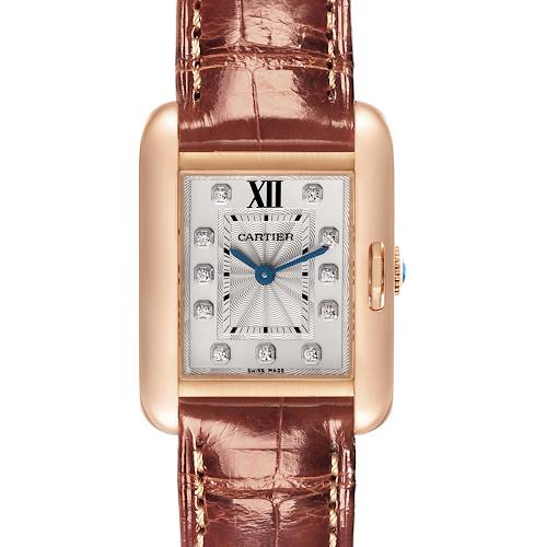 The Cartier Tank Anglaise watch is shown from a front angle, displaying the face, leather strap, and crown.