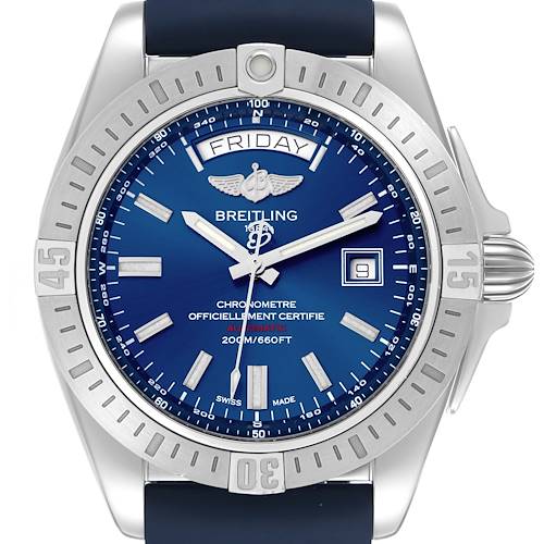 The Breitling Galactic watch is shown from a front angle, displaying the dial, bezel, and crown.