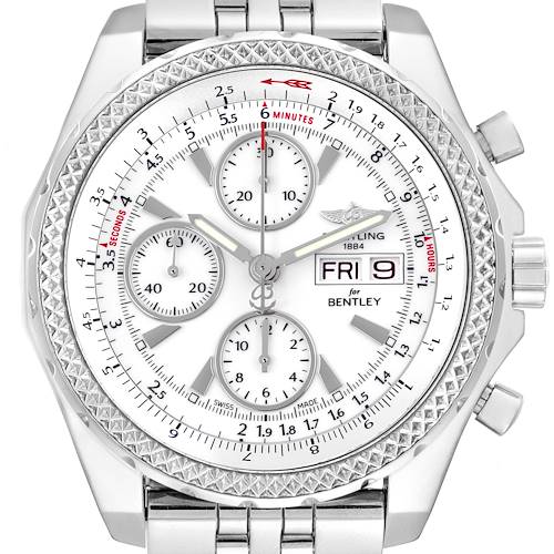 The Breitling Bentley watch is shown from a front angle, highlighting the dial, subdials, bezel, and part of the bracelet.