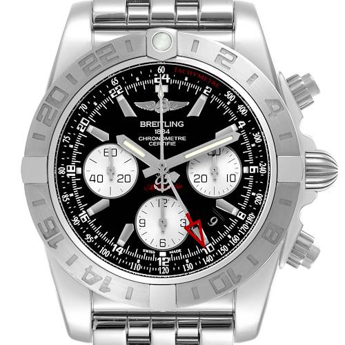 The image shows the Breitling Chronomat watch from a front angle, highlighting its face, bezel, and crown.