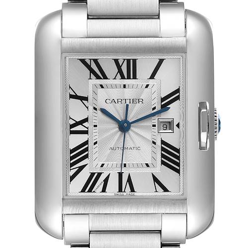 The Cartier Tank Anglaise watch is shown from the front, displaying the face, Roman numerals, date window, and part of the bracelet.