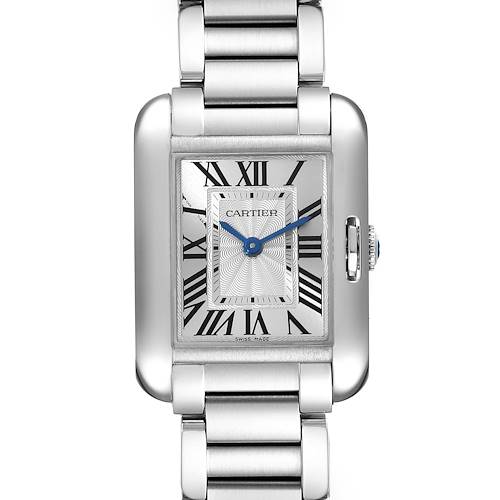 The image shows a front view of the Cartier Tank Anglaise watch, featuring its rectangular face, Roman numerals, and a metal bracelet.