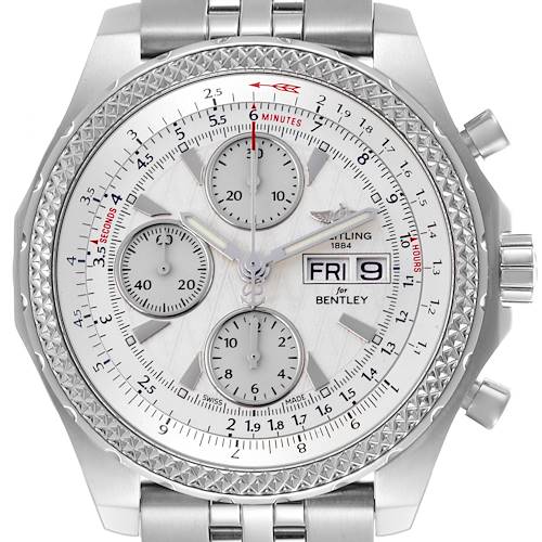 The Breitling Bentley watch is shown from a front angle, highlighting its face, bezel, and chronograph dials.