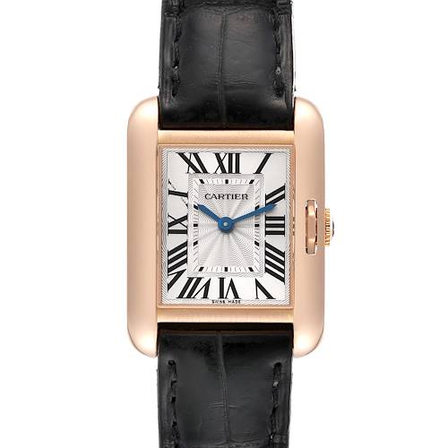 The image shows a front view of the Cartier Tank Anglaise watch, highlighting its face and black leather strap.