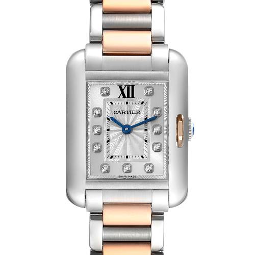 The image shows a front view of the Cartier Tank Anglaise watch, highlighting its face, case, and metal strap.