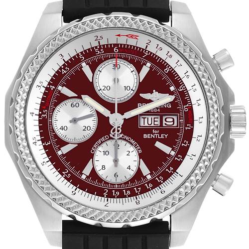 The Breitling Bentley watch is shown from the front, highlighting its bezel, dial, subdials, and crown.