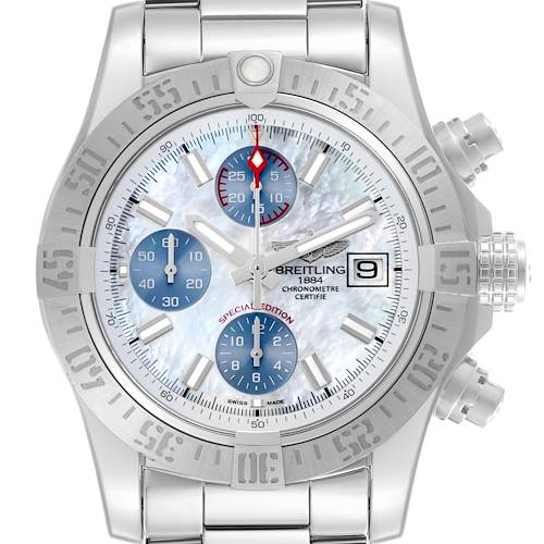 The Breitling Avenger watch is shown from a front view, displaying the dial, bezels, and crown.