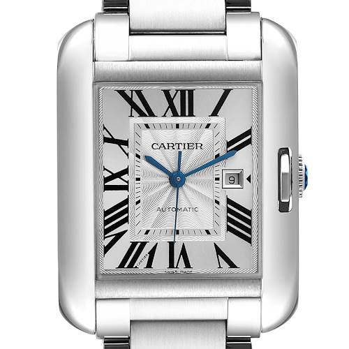 The Cartier Tank Anglaise watch is shown from a front angle, highlighting the dial, case, and part of the bracelet.