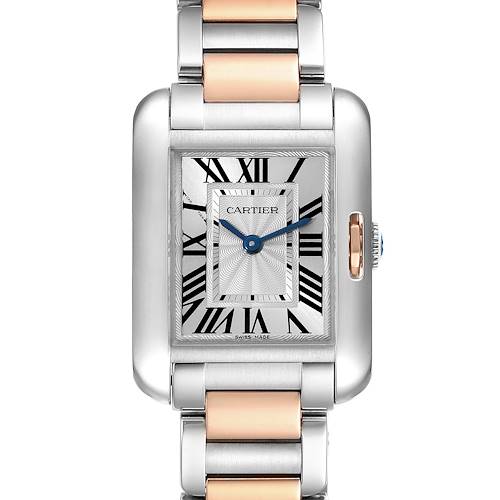 This image shows a front view of the Cartier Tank Anglaise watch capturing its face, bracelet, and part of the crown.