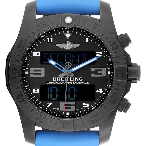 The Breitling Professional Series watch is shown from the front, displaying its face, bezel, digital display, and blue strap.