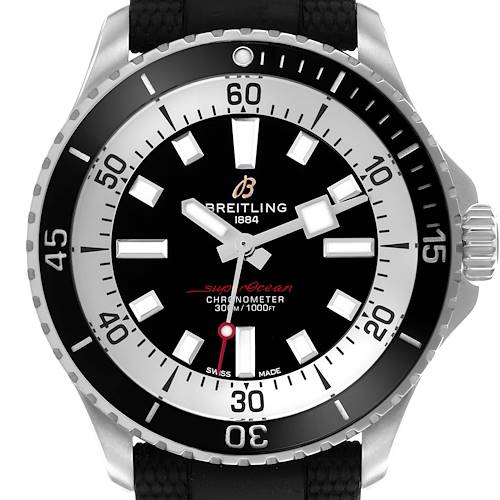 The Breitling Superocean watch is shown from a front angle, displaying the face, bezel, hands, and crown.