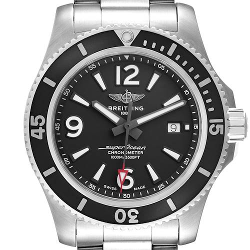 The Breitling Superocean watch is shown from the front, highlighting the dial, bezel, and stainless steel bracelet.