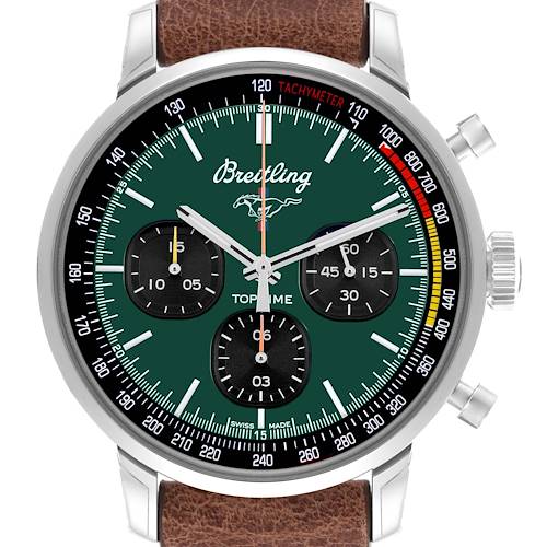 The Breitling Premier watch is shown from a frontal view, displaying its dial, hands, subdials, and leather strap.