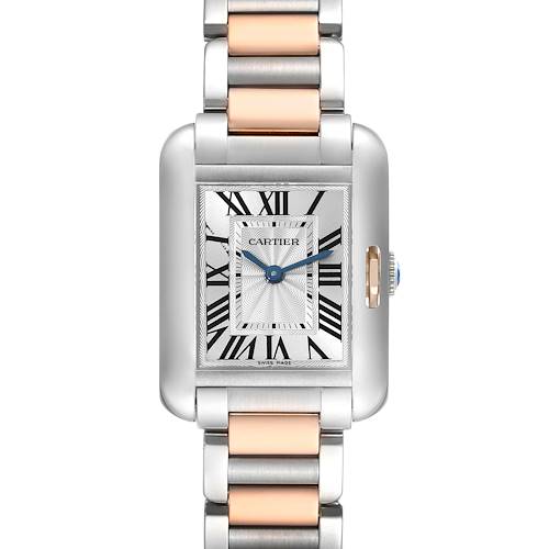 This image shows a frontal view of a Cartier Tank Anglaise watch, displaying its face and metal bracelet.